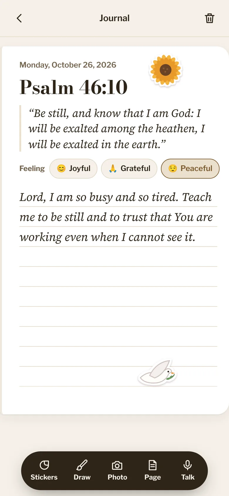A journal page for Psalm 46:10 with a written prayer and two stickers