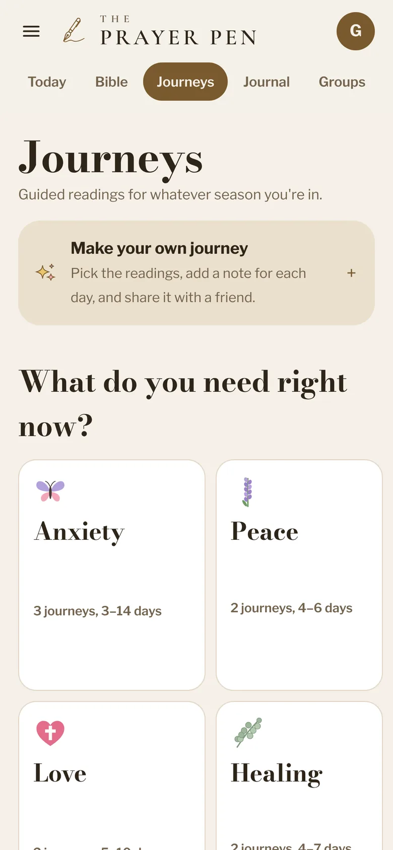 The Journeys screen with plans for anxiety, peace, love and healing